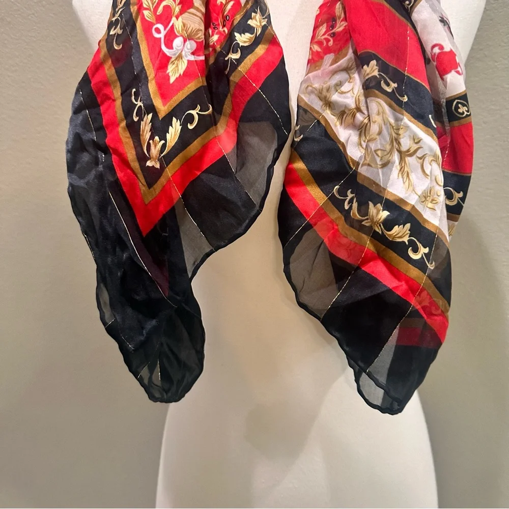 Red and Black Women's Scarf Faux Silk Vintage Chains Gold Fall Neck